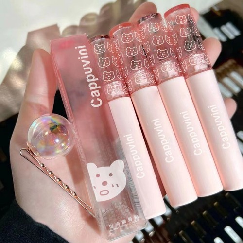 Cappuvini bubble bear lip glaze, water-gloss mirror glass pouty lips, not easy to fade, whitening girly pink lipstick