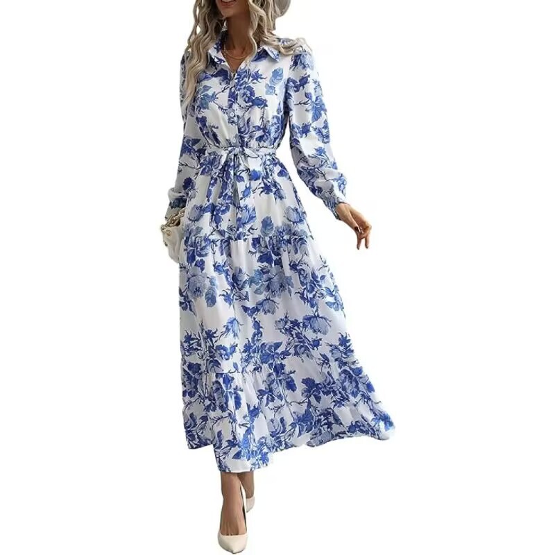 2024 European and American Cross-border E-commerce Women's Summer Elegant Long Button Split Floral Printed dress