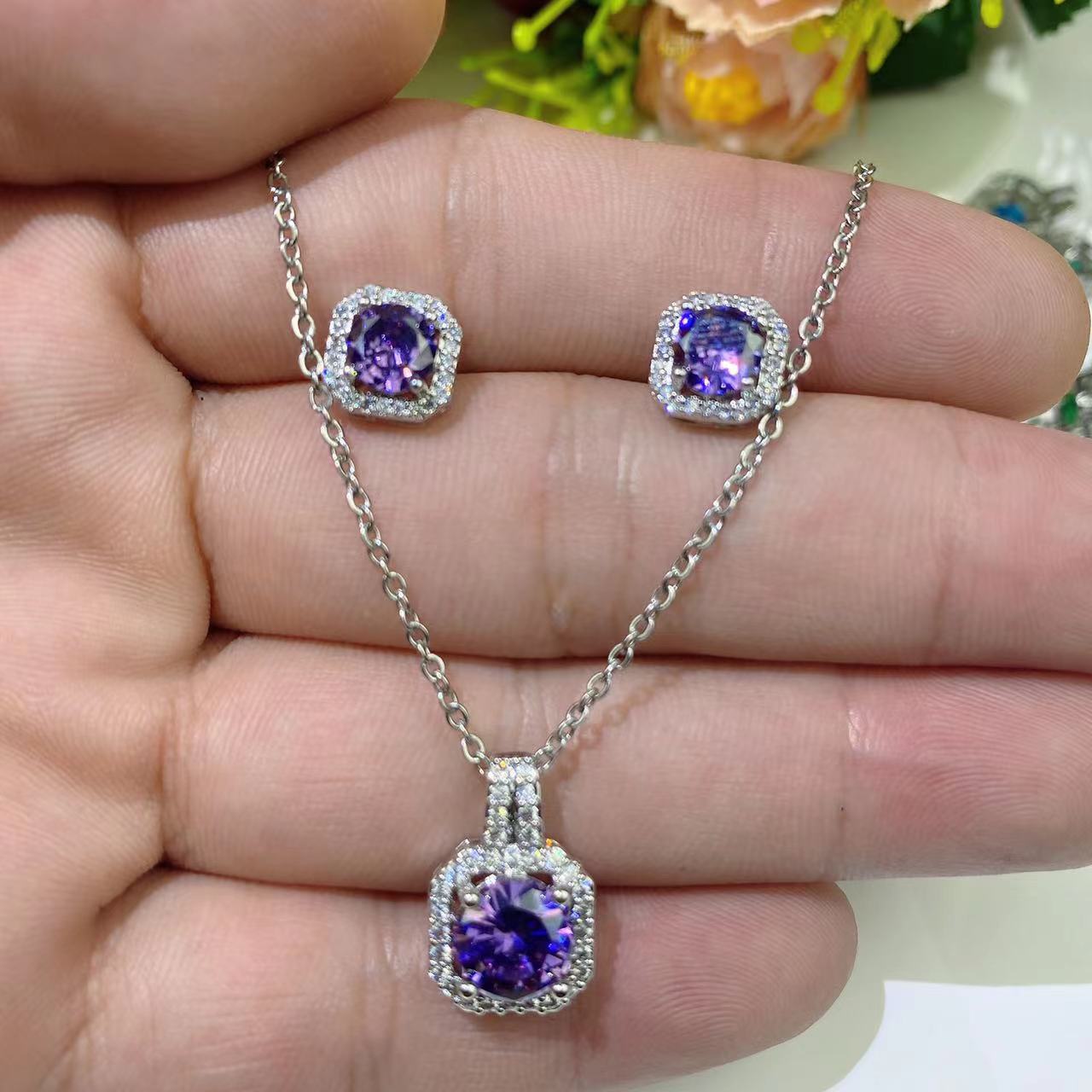 1 Set Quantity Daily Occasion Korean Style Geometric Copper Zircon Pendant Necklace Ear Studs 1 Set