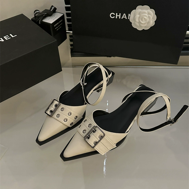 2025 Весна и осень Новые туфли в французском стиле с одинарной пряжкой и неглубоким носком на толстом каблуке с острым носком и закрытым носком для женщин.