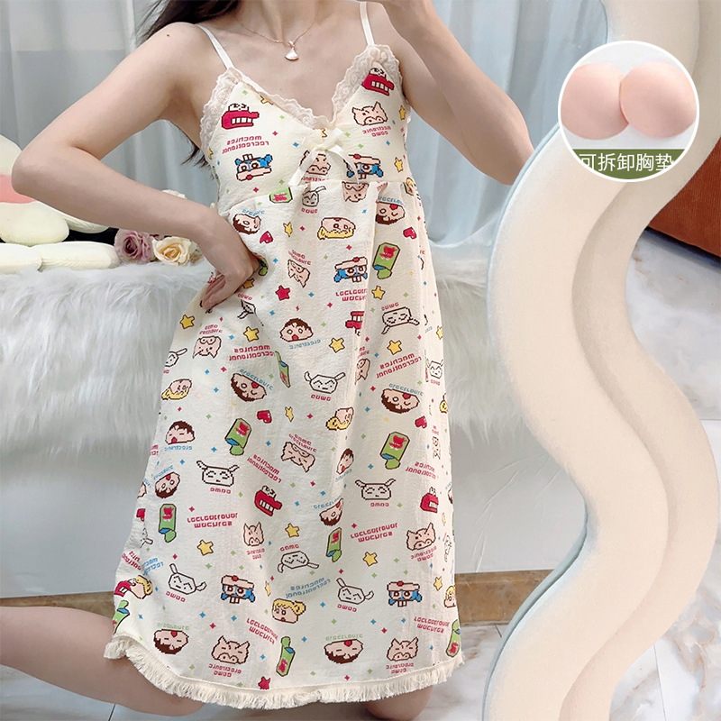 Pijama de verano de mujer dulce colgante cojín de pecho de algodón tejido sexy burbuja tela arrugada bordilla pijama de mujer lindo vestido