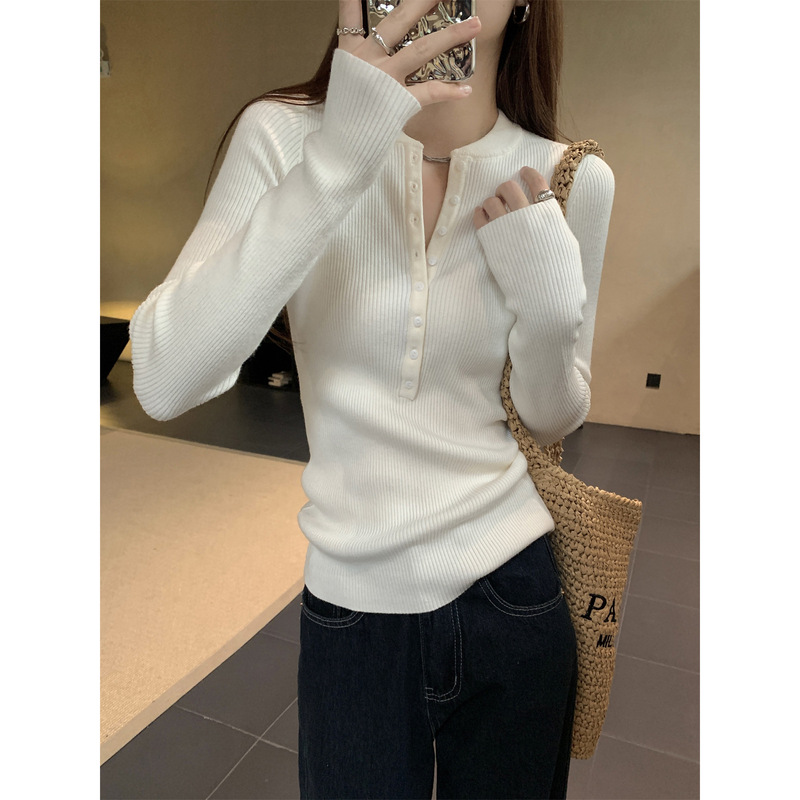 2026 Spring Single-Breasted Slim Fit Ribbed Knit Sweater for Women, Round Neck Pullover Long Sleeve Top, Casual Style Base Shirt 2026 Spring Single-Breasted Slim Fit Ribbed Knit Sweater for Women, Round Neck Pullover Long Sleeve Top, Casual Style Base Shirt