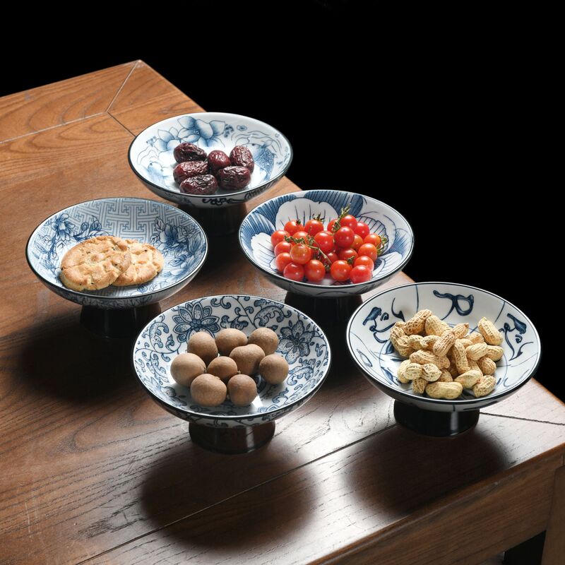 青花磁器高脚果盤中国式陶磁器茶点盤乾ナッツ菓子大サイズ果物盤功盤茶室レストラン|undefined