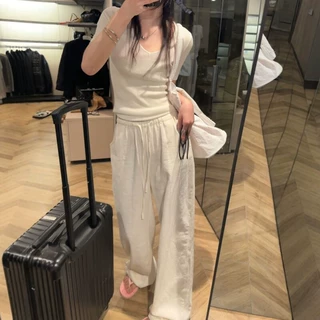 水洗苎麻裤2026春松紧腰抽绳休闲棉麻阔腿裤女老钱风松弛感亚麻裤