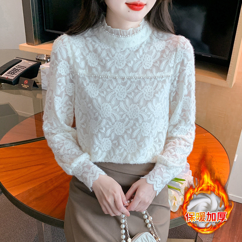 열 속옷 여성 기모 두꺼운 겨울 새로운 패션 아우터 착용 타이트한 레이스베이스 셔츠 하이 엔드 리치 여성 탑