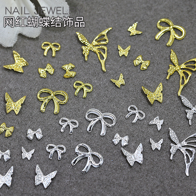 Bow alloy nail accessories net red gold silver size light luxury hollow butterfly ribbon nail accessories wholesale