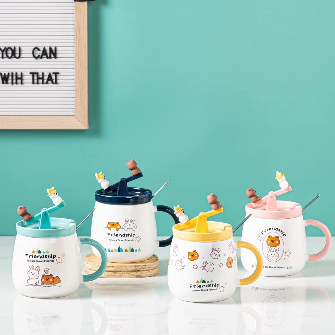 Creativo lindo conejo de dibujos animados y oso taza de café de oficina taza de café de regalo de cerámica