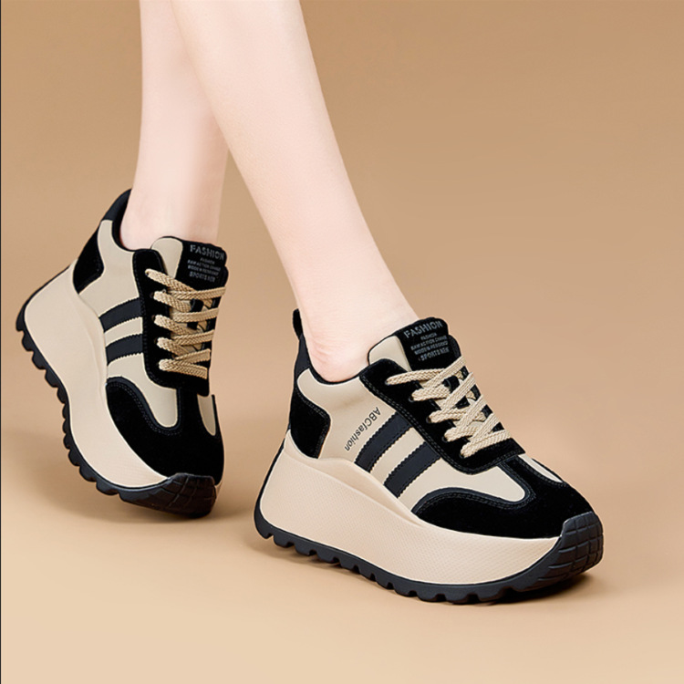 德训鞋女2025年新款软皮厚底内增高女鞋磨砂皮春秋老爹鞋女加绒