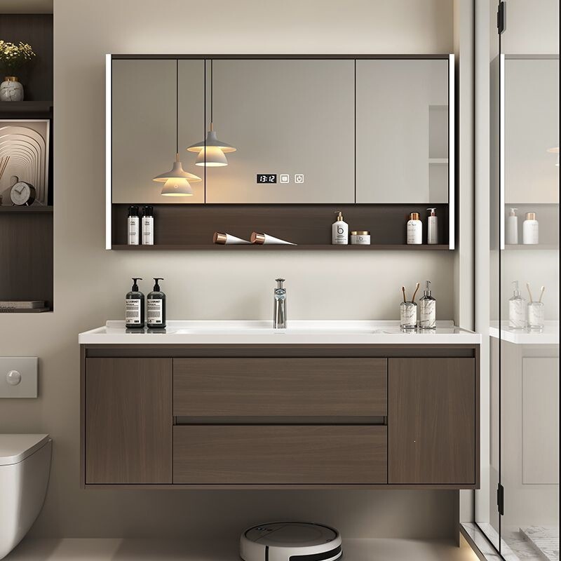 Modern New Chinese-Style Solid Wood Bathroom Cabinet Set with Integrated Ceramic Walnut Washbasin and Sink Modern New Chinese-Style Solid Wood Bathroom Cabinet Set with Integrated Ceramic Walnut Washbasin and Sink