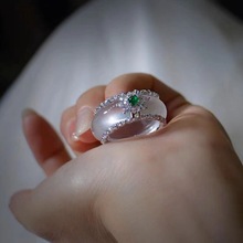 高冰925镀银镶嵌白玉髓戒指网红款白玛瑙一戒两戴玉石戒指饰品