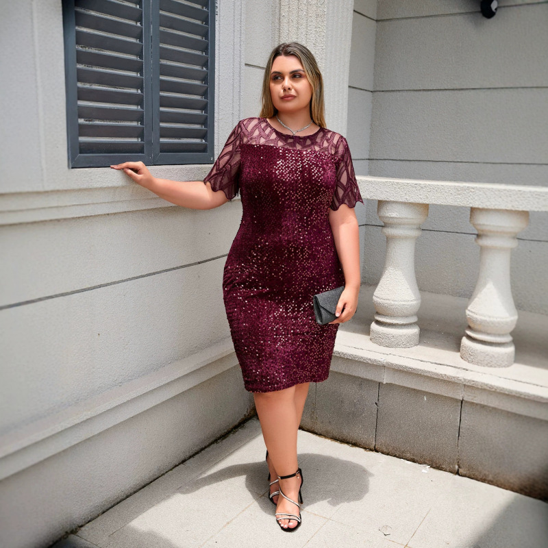 Ebay Aliexpress 2024 Summer European and American Style Unique Sequin Plus Size Women's Short Sleeve Dress Real Shot Extra Large Size Ebay Aliexpress 2024 Summer European and American Style Unique Sequin Plus Size Women's Short Sleeve Dress Real Shot Extra Large Size