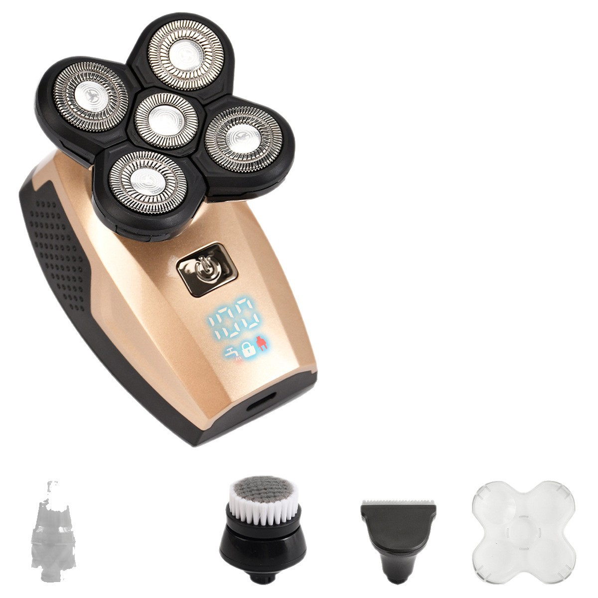 Afeitadora eléctrica cinco en uno con pantalla digital transfronteriza, máquina de afeitar de 5 cabezales, recargable por USB, lavable en todo el cuerpo, para cabeza calva, al por mayor.