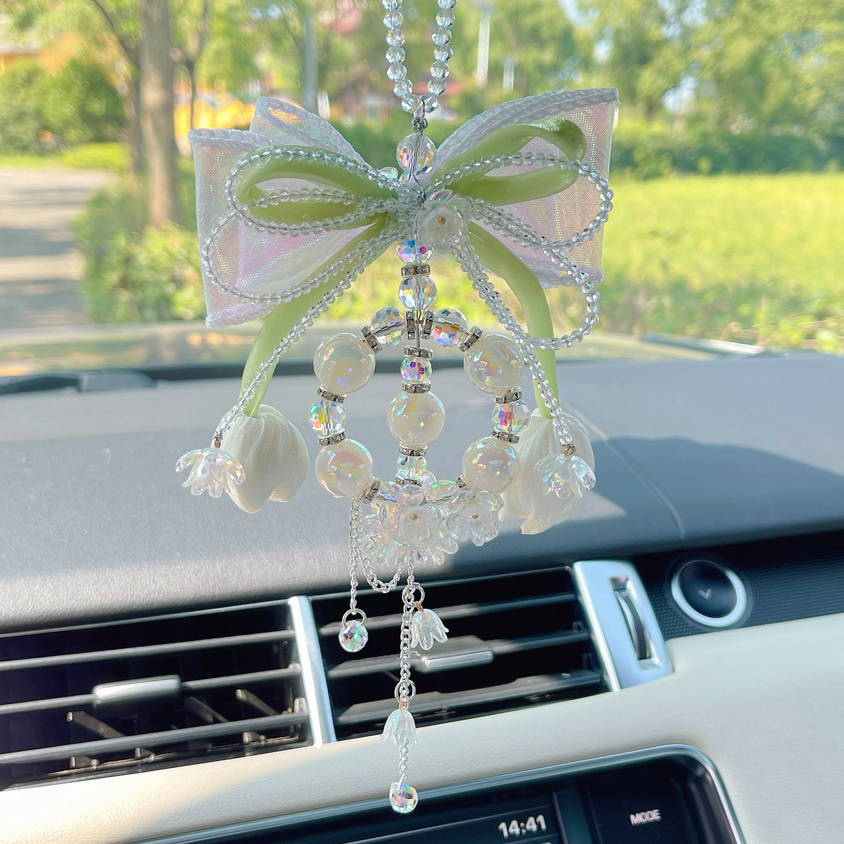 Tulip Bow Car Pendant Crystal Car Rearview Mirror Lily of the Valley Flower Pendant Fairy Car Decoration