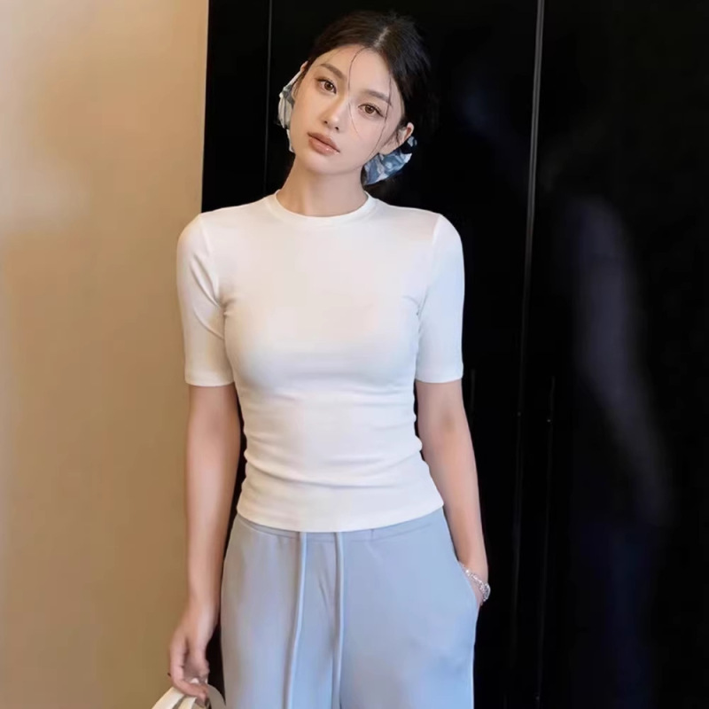 Carefully Selected New Short-Sleeve T-Shirts for Women, Solid Color Short-Sleeve Tops for Women, Summer Cross-Border Slim-Fit Regular Shoulder Round-Neck Short-Sleeve Tops