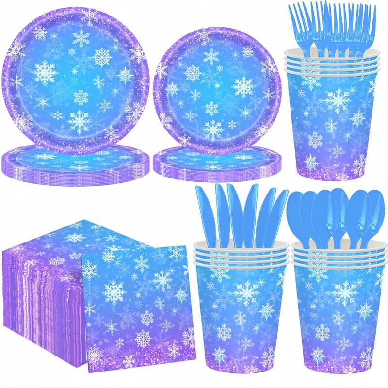 Cross-border Christmas snowflake-themed disposable tableware blue-purple gradient paper plates, paper cups, paper napkins, and cutlery set Cross-border Christmas snowflake-themed disposable tableware blue-purple gradient paper plates, paper cups, paper napkins, and cutlery set