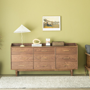 Nordic Light Luxury Solid Wood Nine-Drawer Cabinet Modern Bedroom Storage Cabinet Japanese Style Living Room Entrance Black Walnut Drawer Cabinet