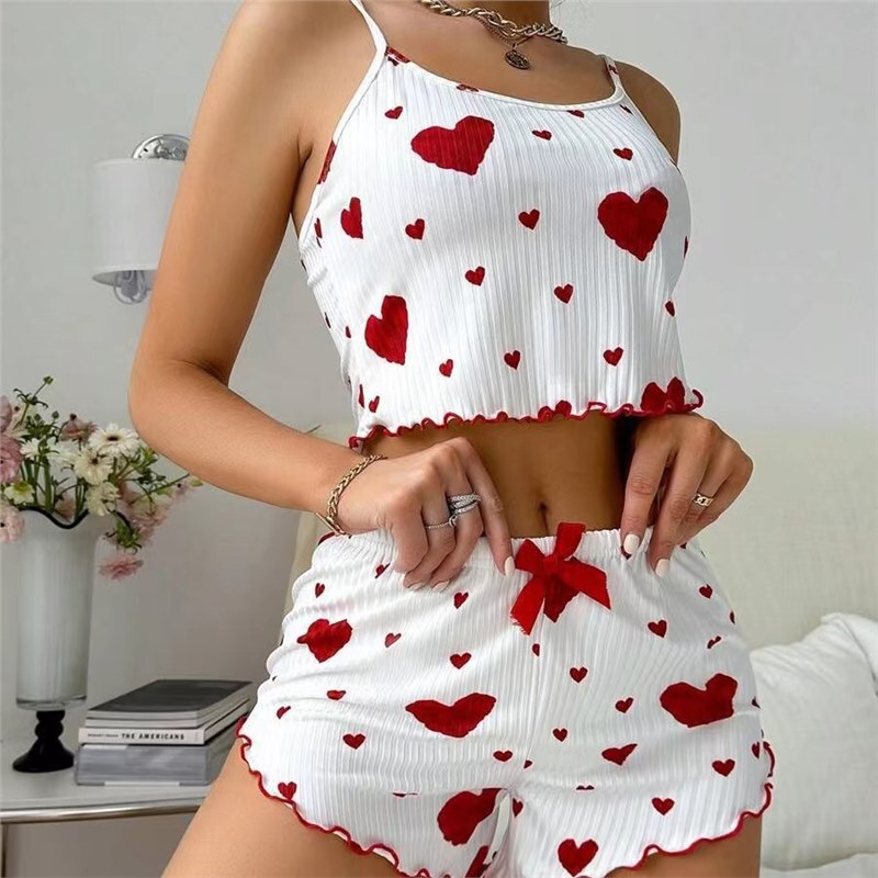 New Knitted Summer Pit Strip Shorts Sense 2024 Pure Desire Pajamas Love Sweet European and American Women's Design Sling Printing New Knitted Summer Pit Strip Shorts Sense 2024 Pure Desire Pajamas Love Sweet European and American Women's Design Sling Printing