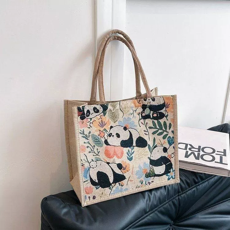 Женская холщовая сумка-тоут Panda, большая вместимость для работы и поездок на работу, сумка-тоут на молнии с вышивкой, льняная сумка