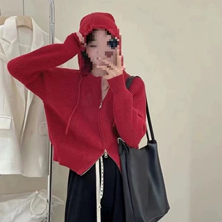 韩版小众设计感拉链短款连帽针织开衫2022早秋新款长袖上衣外套女
