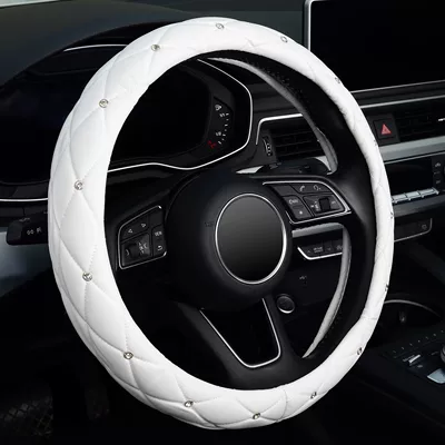 Car Steering Wheel Cover Rhinestone Steering Wheel Cover Four-Season Universal Diamond Soft Leather Non-Slip Steering Wheel Cover with Shiny (Steering wheel cover) - white-with-diamonds-38cm