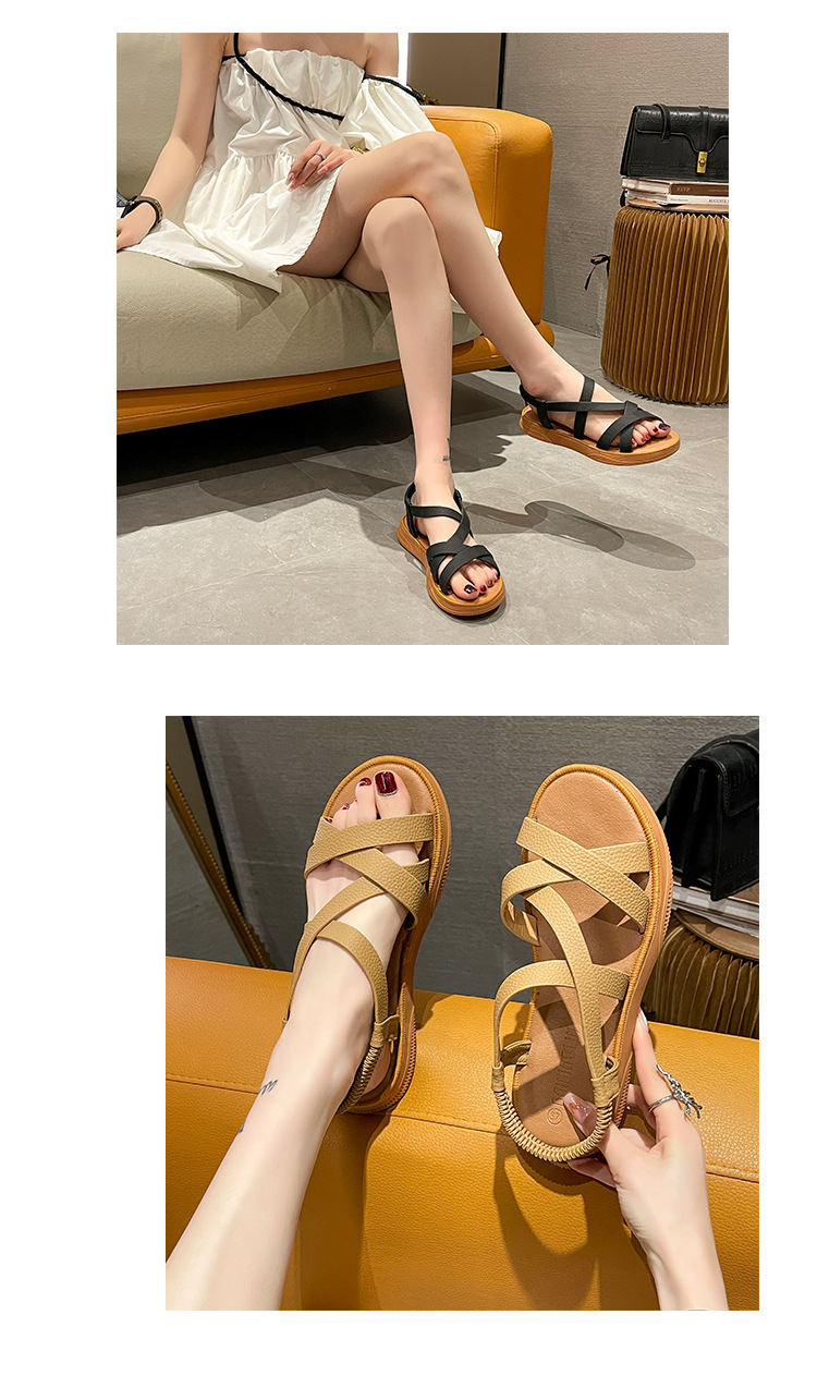 Sandali per il commercio estero da donna 2023 Summer New Roman Fashion Cross Strap cinturino elastico fondo piatto sandali da donna con fondo morbido_voghion.com