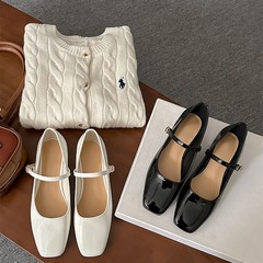 牛皮版~法式方头低跟玛丽珍鞋女浅口一字扣带粗跟真皮单鞋小皮鞋