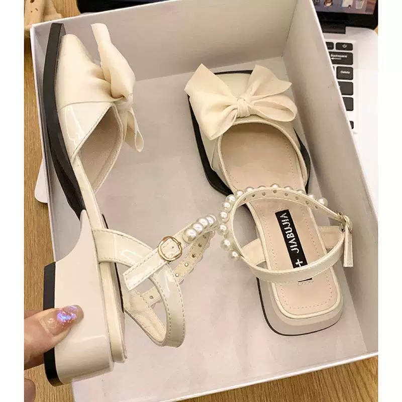 Летние босоножки Baotou для женщин 2025, модные летние туфли на толстом каблуке с бантом, женские туфли Mary Jane с квадратным носком, маленькие кожаные туфли