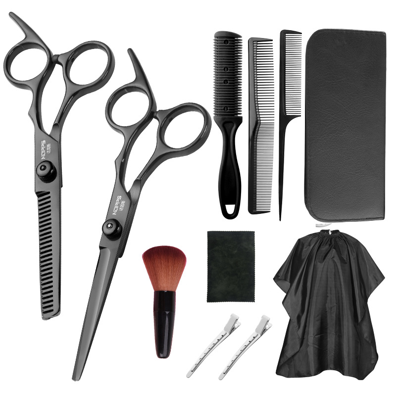 11-pieza tijeras de peluquería para el hogar herramientas de traje tijeras de dientes planos tijeras de adelgazamiento tijeras de pelo corte de pelo al por mayor