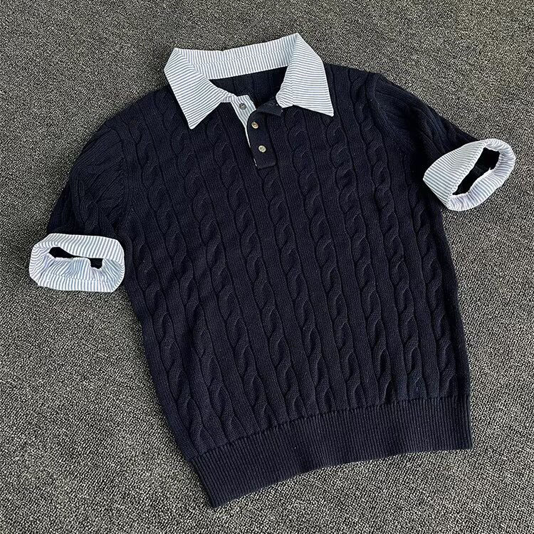 Polo camisa de punto camiseta de manga corta camiseta masculina falsa camiseta de dos piezas entrelazado viejo dinero viento hielo seda fábrica transfronteriza al por mayor