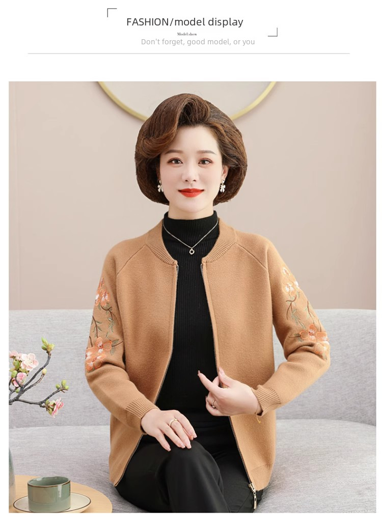 Mom's autumn wool sweater coat middle-aged women's spring and autumn short cardigan small middle-aged and elderly clothes embroidered