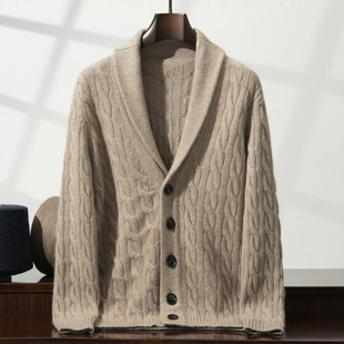 Soft Waxy Skin-friendly 24-year-old Cashmere Cardigan Men's Coat Green Fruit Collar Thickened Twist Casual Sweater Outer Wear Knitwear