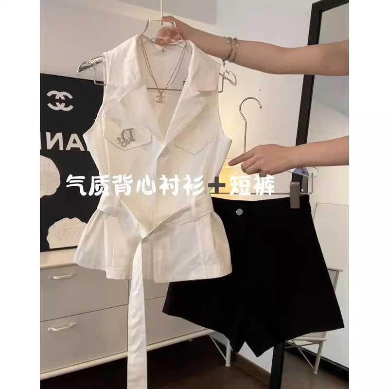 夏日洋气时尚气质穿搭女小众设计感背心衬衫上衣显瘦短裤两件套装|undefined