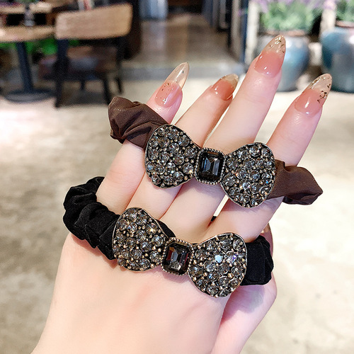 Korean version of retro large intestine hair tie hair rope rubber band women's bow full of diamond temperament crystal head flower hair rope wholesale
