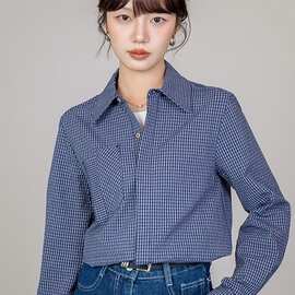 实拍格子衬衫女装新款薄款宽松Polo领通勒长袖上衣外套女