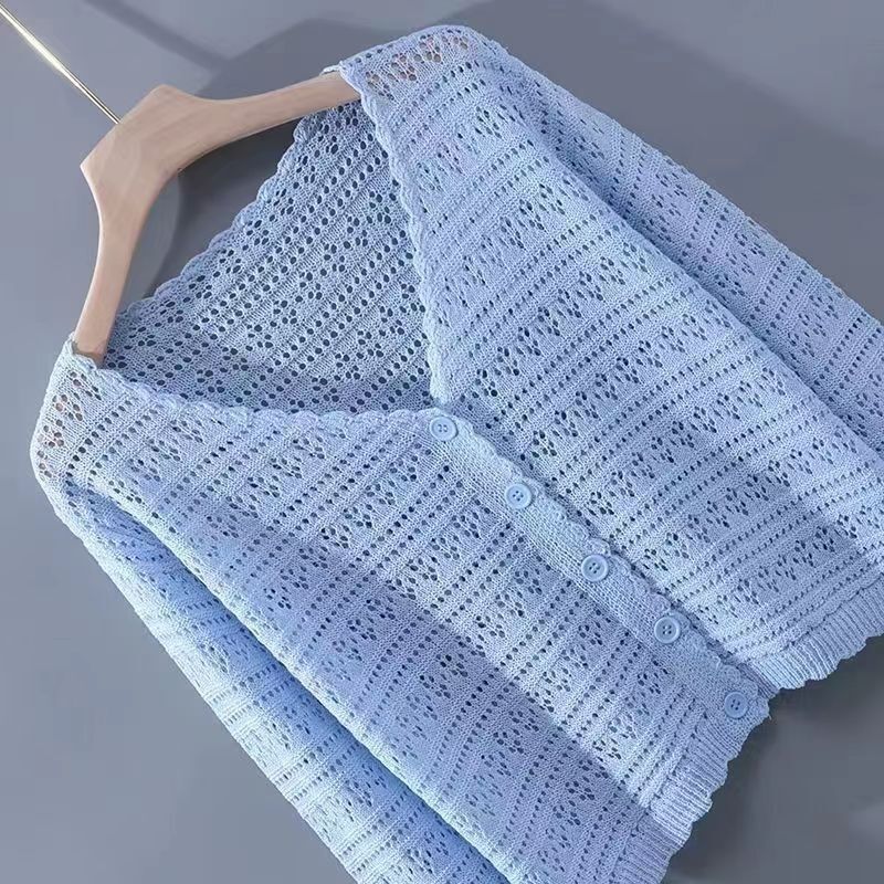 2026 Summer Korean Style Women's Thin Long-Sleeve Ice Silk Cardigan Loose V-Neck Hollow Out Versatile Knitted Air Conditioning Sweater 2026 Summer Korean Style Women's Thin Long-Sleeve Ice Silk Cardigan Loose V-Neck Hollow Out Versatile Knitted Air Conditioning Sweater