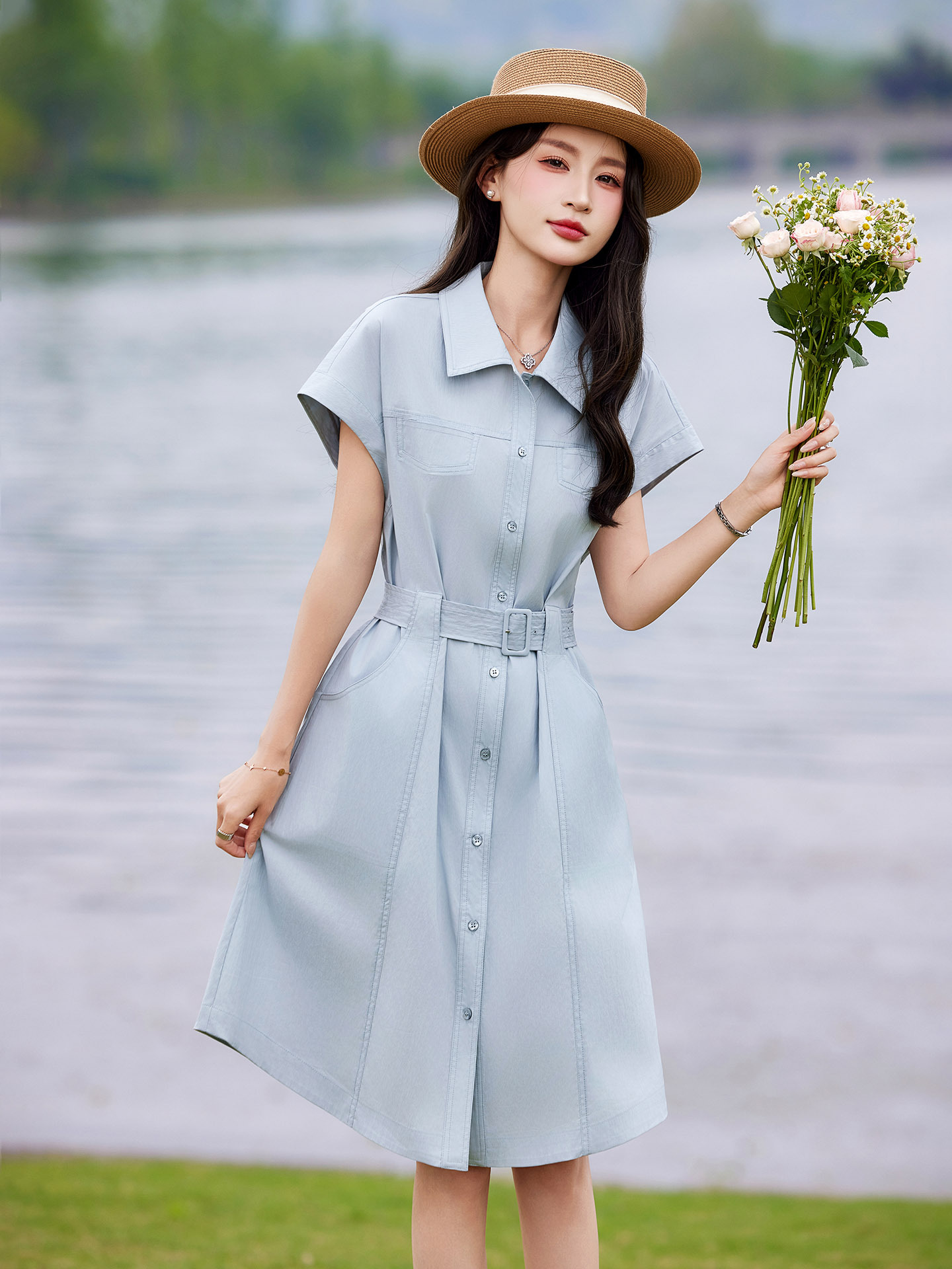 Đầm polo nữ cổ bẻ thắt eo dáng suông midi mùa hè — màu xanh nhạt, màu trắng ngà