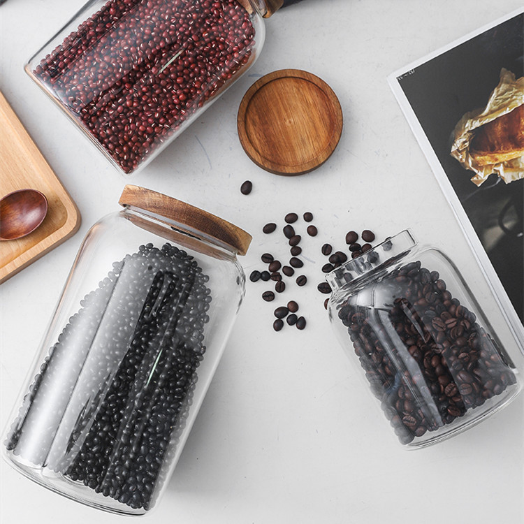 Fábrica al por mayor Acacia TAPA DE MADERA tarro de vidrio borosilicato vidrio sellado tarro de cocina granos de almacenamiento tarro de mandarina