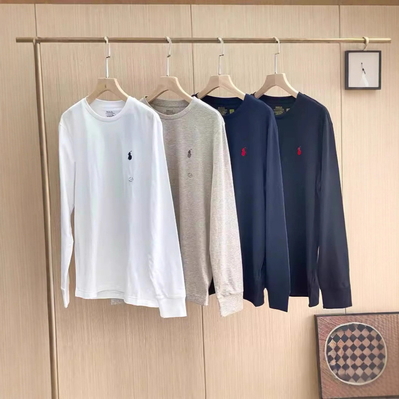 Scan Code Rl Raffy Pony Logo Pure Cotton Long-Sleeved T-Shirt Men's Autumn and Winter Bottoming Shirt Threaded Cuff Knitted Cross-Border T-Shirt Scan Code Rl Raffy Pony Logo Pure Cotton Long-Sleeved T-Shirt Men's Autumn and Winter Bottoming Shirt Threaded Cuff Knitted Cross-Border T-Shirt