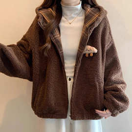 美拉德连帽羊羔绒外套女2025冬新款胖mm摇粒绒毛茸外搭开衫A8725