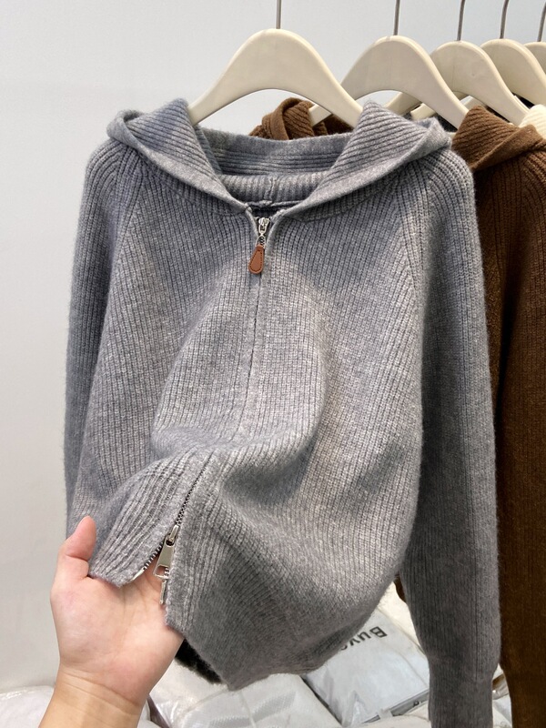 Double Zipper Hooded Sweater for Women Autumn and Winter New Korean Style Loose Lazy Style Sweater Jacket Loose Top