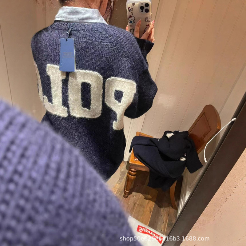 Jin Miting's Same Style Navy Blue Pullover Loose Sweater High-End Niche Chic Age-Reducing Woolen Top