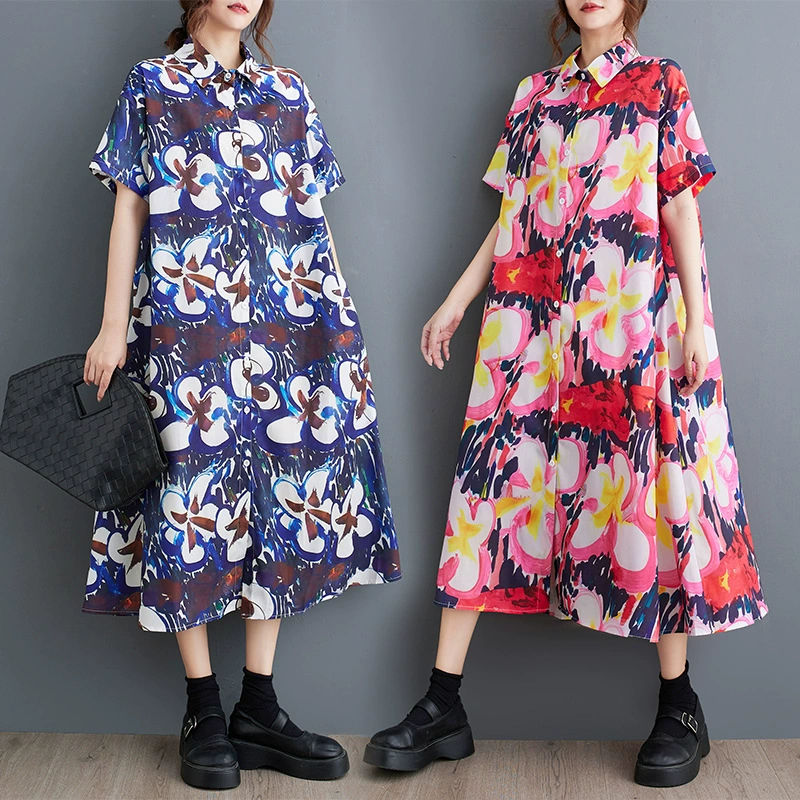 Рекордная съемка 2025 корейского летнего нового короткого рукава свободного большого размера с принтом моды тонкое платье средней и длинной