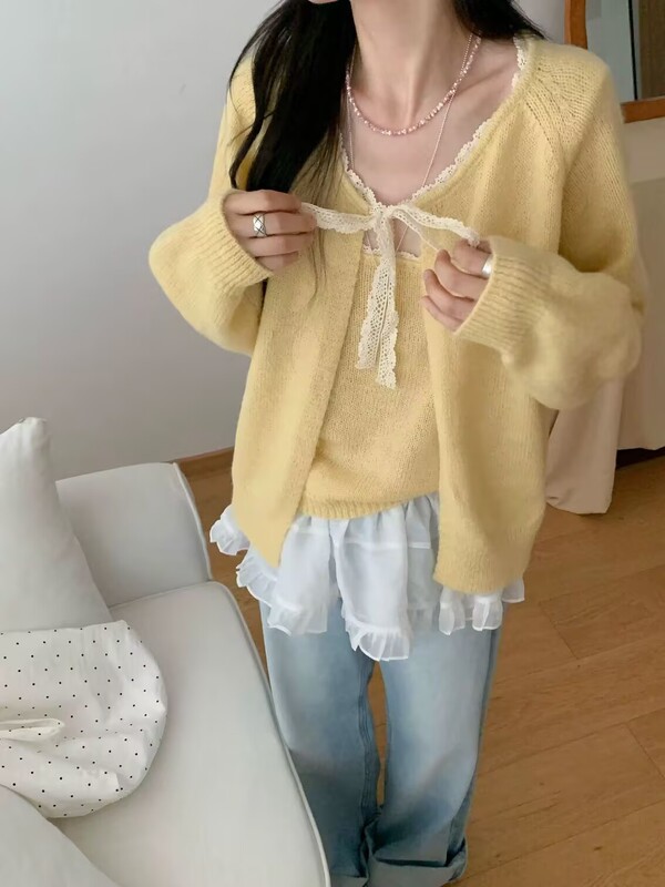 韩系温柔风软糯气质百搭蕾丝拼接针织开衫吊带两件套女秋季新款|undefined