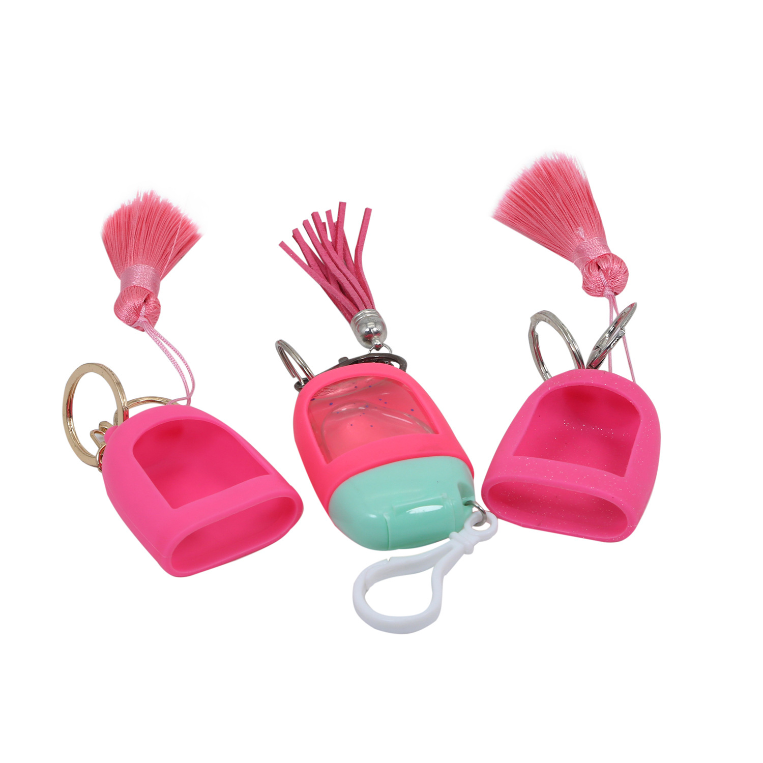 源头工厂批发销售梯形免水洗手液瓶挂钩带流苏瓶套可粘卡通印LOGO