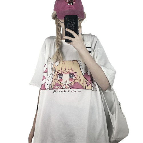 White Short Sleeve T-Shirt for Women - Summer 2025, Korean Version, Ins Japanese Cartoon Style, Loose Half Sleeve Top, Trendy