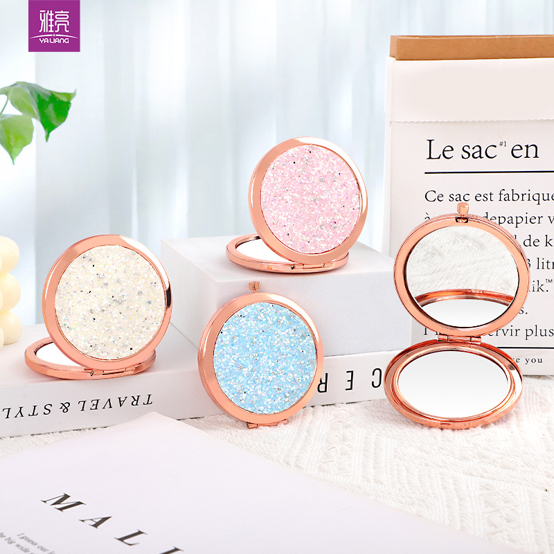 Moda creativa espejo de metal redondo espejo de bala espejo plegable de doble cara parche diamante flash comercio exterior personalizado espejo de maquillaje prepucio