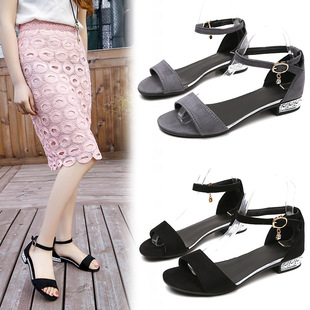 Sandals for Women Summer 2025 New Style Bottom Heel Korean Style One-Word Buckle Suede Student Open Toe Thick Heel Women's Sandals Ins
