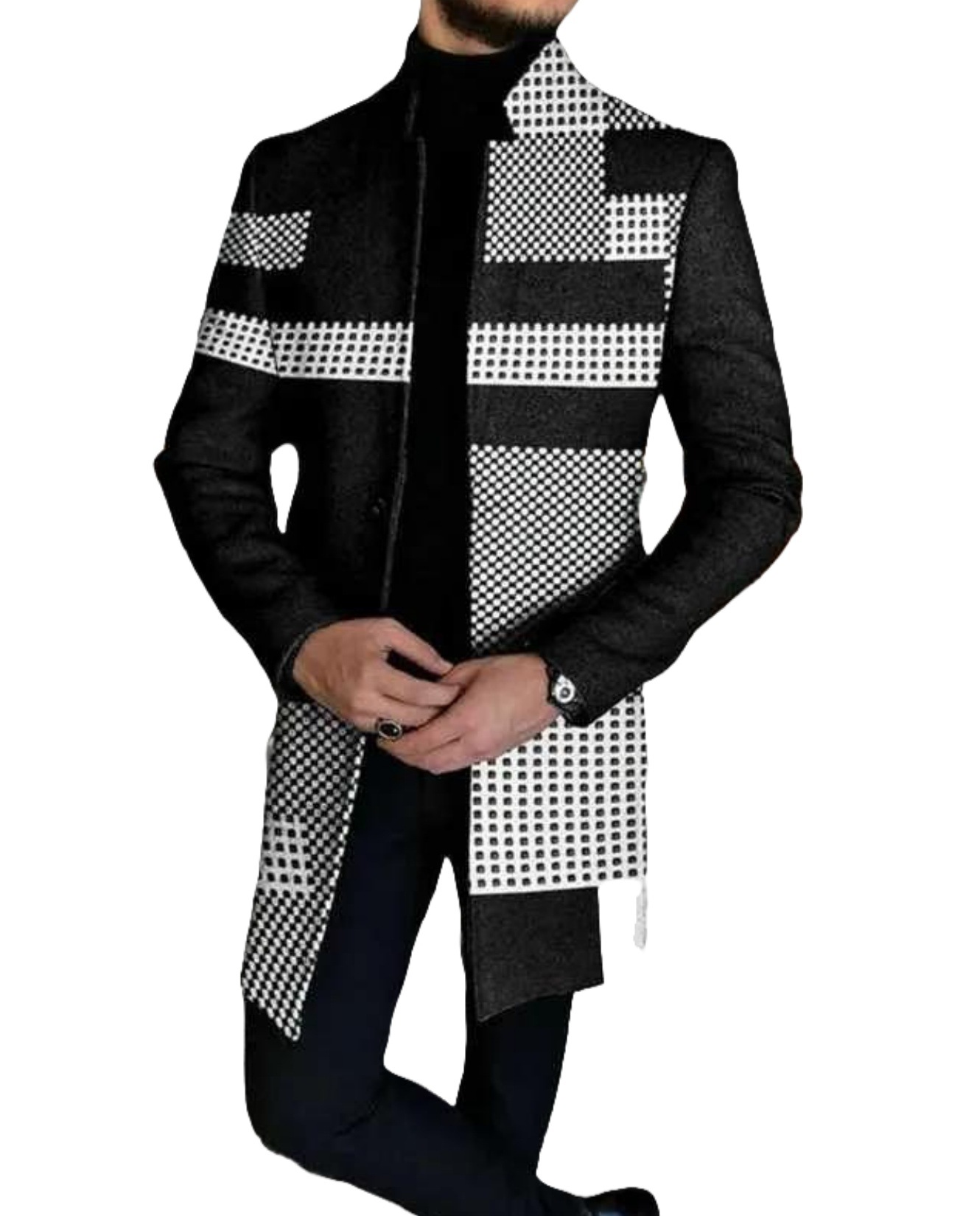 Comercio exterior transfronterizo 2023 Otoño e Invierno nuevos hombres digital impreso a cuadros soporte collar medio de longitud capa casual al por mayor