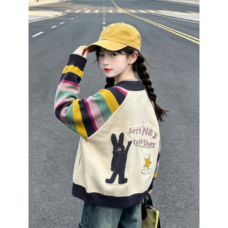 Girls' autumn outerwear 2026 new style children's autumn knitwear baseball jacket for older girls, very stylish striped cardigan Girls' autumn outerwear 2026 new style children's autumn knitwear baseball jacket for older girls, very stylish striped cardigan