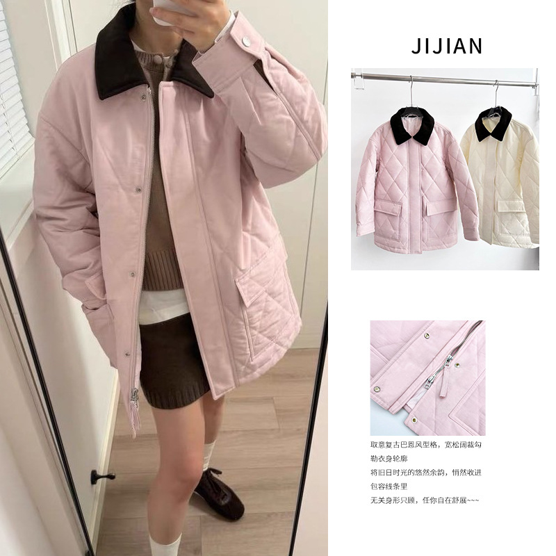 复古巴恩风霜天晓角宽松夹克2025秋季新款撞色灯芯绒领棉服外套粉